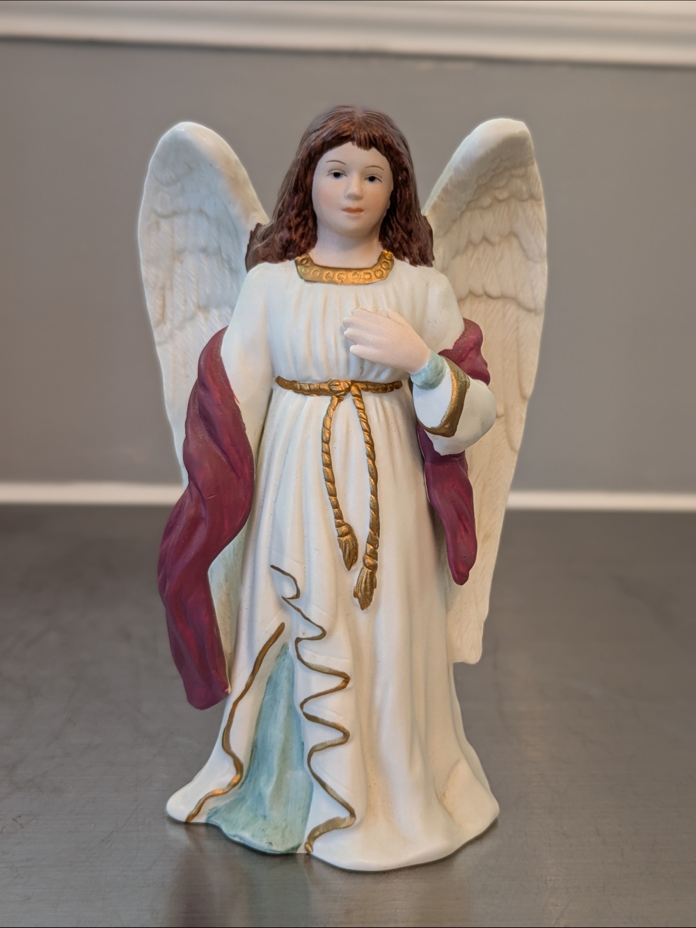 Homco White Angel Sculpture with Burgundy Sash and Gold Trim